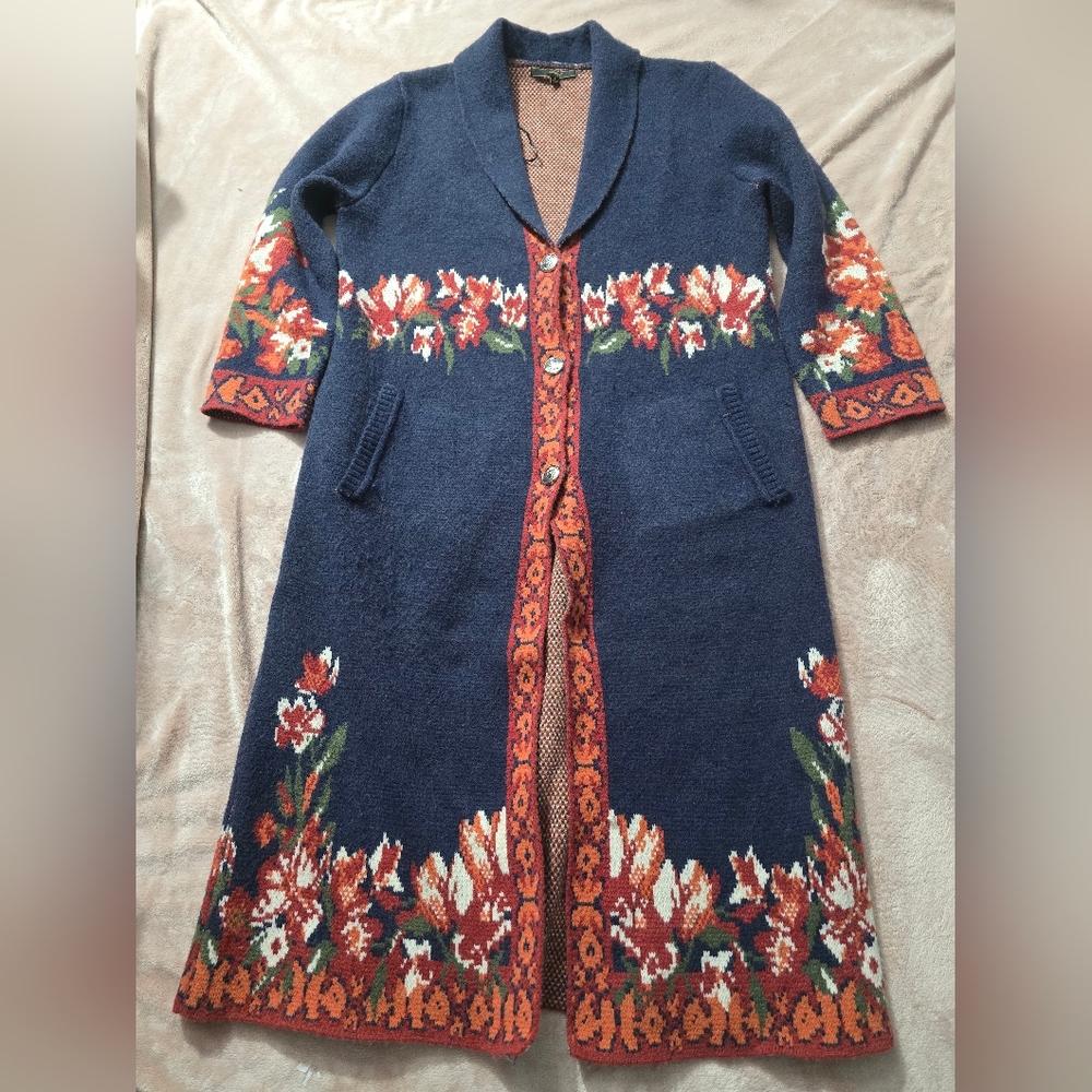 MAXSPORT floral knit cardigan coat navy and red duster heavyweight coatigan.